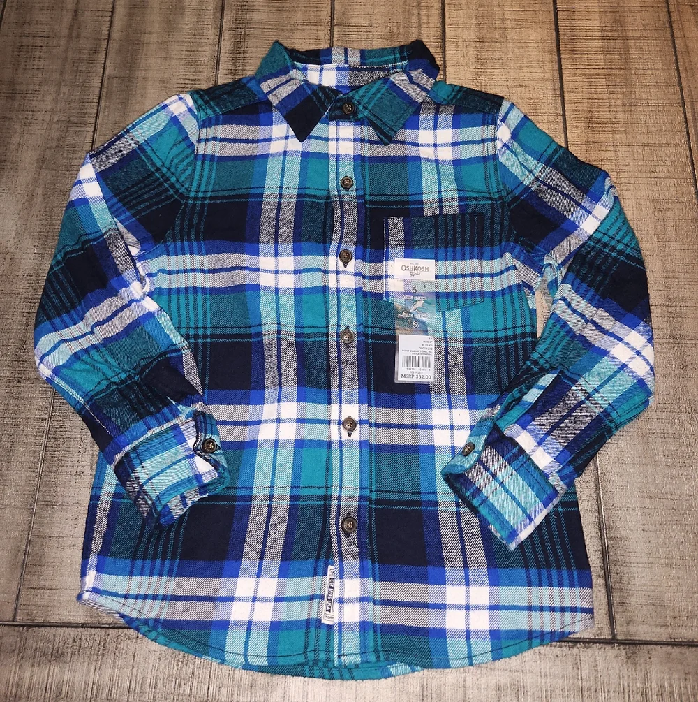 NWT Oshkosh B'gosh Teal Navy Plaid Flannel Button-Front Shirt